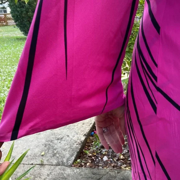 Vintage Pink Black Stripe Long Trumpet Boat Neck Sleeve Knee Length Dress! - Picture 8 of 12